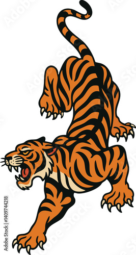 Flash Art vector illustration of a Old School Traditional tiger tattoo with vibrant colors and stylized design. Classic Tigers Tattoos colors and color palate scheme. Bold Black Outlines