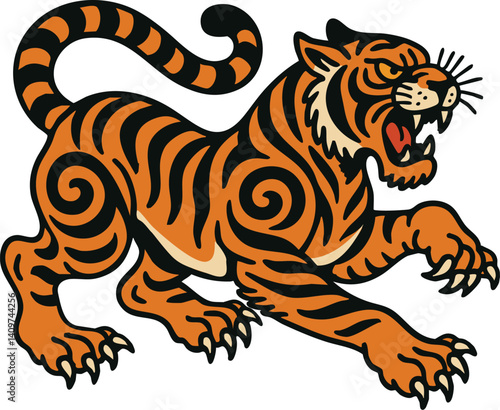 Flash Art vector illustration of a Old School Traditional tiger tattoo with vibrant colors and stylized design. Classic Tigers Tattoos colors and color palate scheme. Bold Black Outlines