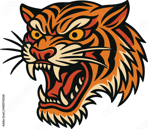 Flash Art vector illustration of a Old School Traditional tiger tattoo with vibrant colors and stylized design. Classic Tigers Tattoos colors and color palate scheme. Bold Black Outlines