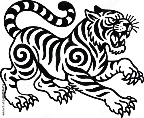 Flash Art vector illustration of a Old School Traditional tiger tattoo with vibrant colors and stylized design. Classic Tigers Tattoos Single Color color  Black and White Only. Bold Black Outlines