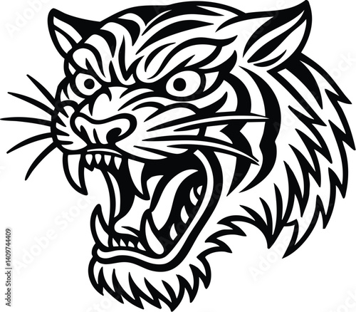 Flash Art vector illustration of a Old School Traditional tiger tattoo with vibrant colors and stylized design. Classic Tigers Tattoos Single Color color  Black and White Only. Bold Black Outlines