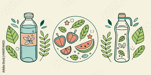 Healthy Eating Fruits Vegetables Water Bottles Cartoon Image