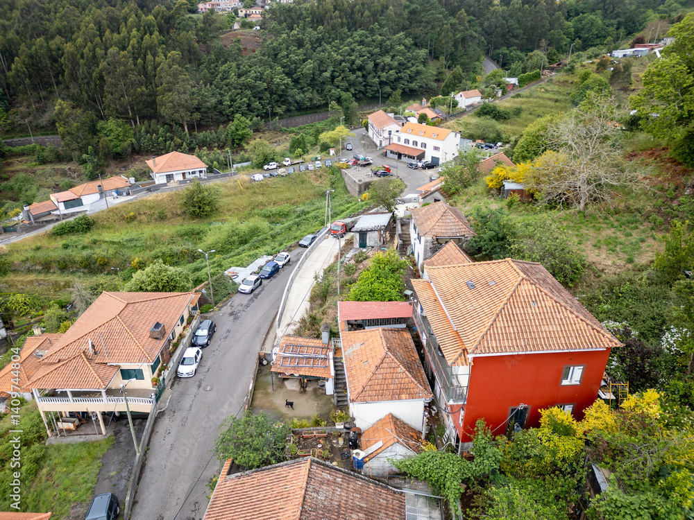 Aerial view in Camacha mountainous town in municipality of Santa Cruz, Madeira Island, Portugal