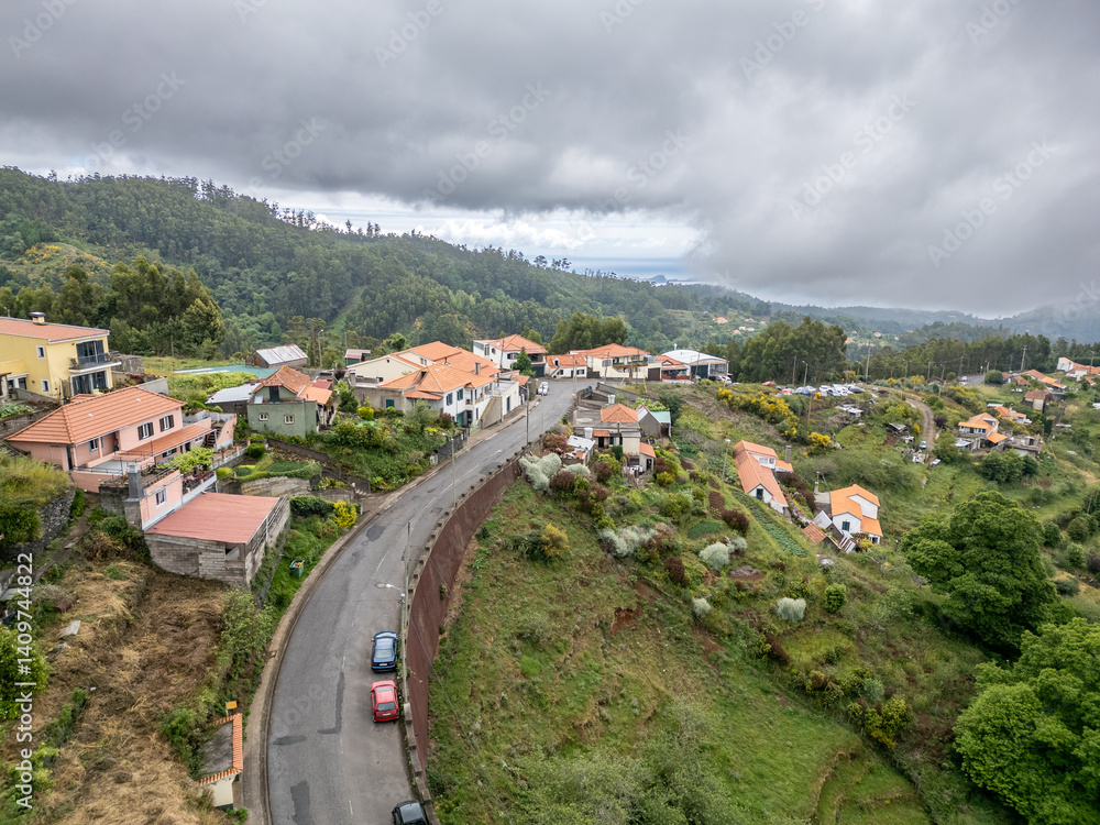 Aerial view in Camacha mountainous town in municipality of Santa Cruz, Madeira Island, Portugal