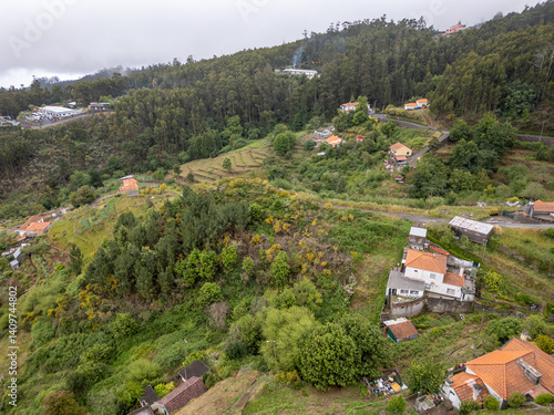 Obraz na płótnie Aerial drone view in Camacha mountainous town in municipality of Santa Cruz, Madeira Island, Portugal w salonie