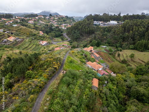 Obraz na płótnie Aerial drone view in Camacha mountainous town in municipality of Santa Cruz, Madeira Island, Portugal w salonie