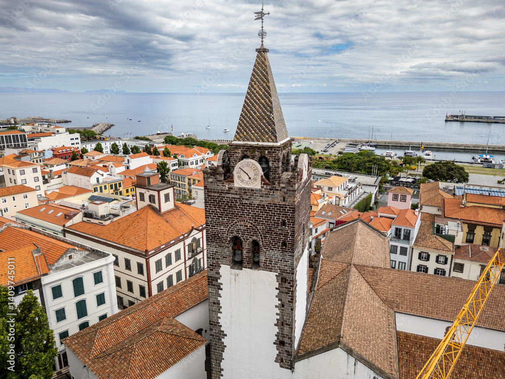 Tower of Cathedral of Our Lady of the Assumption in Funchal city, capital of Madeira Island, Portugal