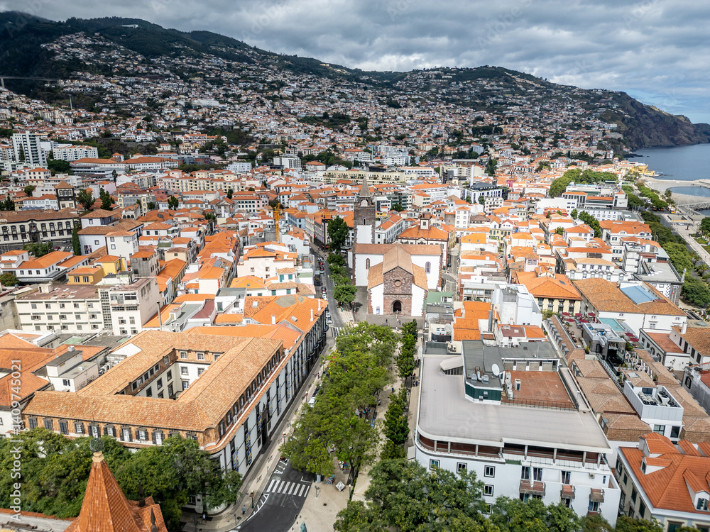 Drone photo in Funchal, capital of Madeira, Portugal. View with Cathedral of Our Lady of Assumption