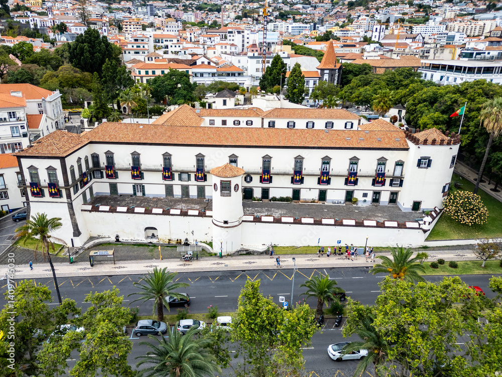 Drone photo of Palace of Saint Lawrence in Funchal, capital of Madeira, Portugal