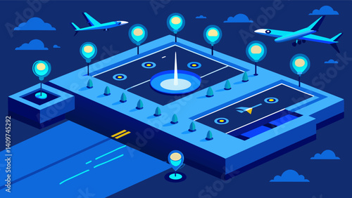 The marina has designated landing zones for eVTOLs marked by bright blue lights which can be easily spotted by the aircrafts advanced navigation systems.. Vector illustration