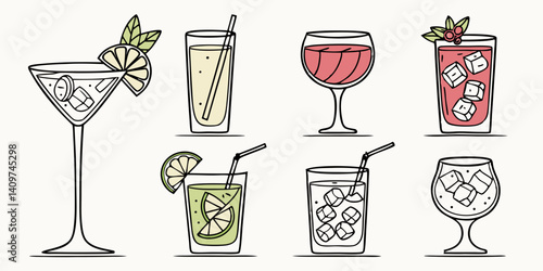 Cartoon Drinks Vector Illustration: Refreshing Cocktails, Wine, Lemonade Glasses with Ice and Straw