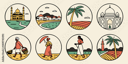 Indian Culture Travel Icon Set Taj Mahal Village People Palm Trees Colorful Line Art