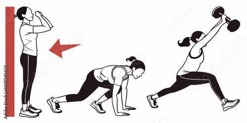 Strength Plyometric Dumbbell Burpee Workout Steps Line Art