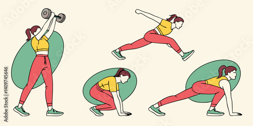 Fitness Woman Burpee Dumbbell Workout Illustration