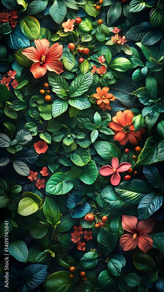 Fototapeta premium Lush Green Leaves and Colorful Red and Pink Flowers Vibrant Botanical Mobile Wallpaper Vertical HD Aesthetic Background