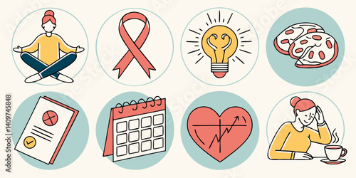 Flat Vector Health & Wellness Icons: Mindfulness, Breast Cancer Ribbon, Idea, Pizza, Calendar, Heart Health, Checklist, Woman with Coffee and Headache