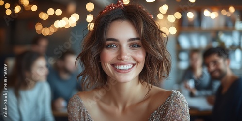 A woman is smiling and wearing a silver dress