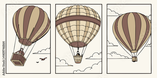 Retro Style Hot Air Balloons Flying in the Cloudy Sky