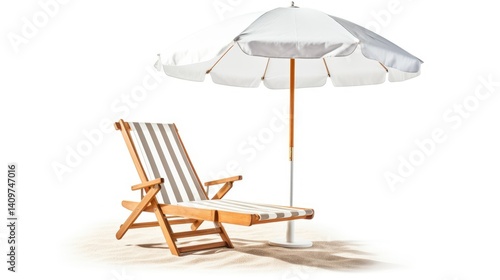 Beach Chair with White Umbrella on a Minimalist Background

