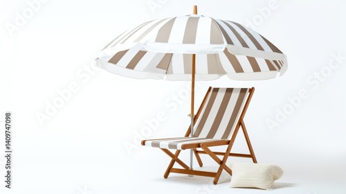 Beach Chair with White Umbrella on a Minimalist Background

