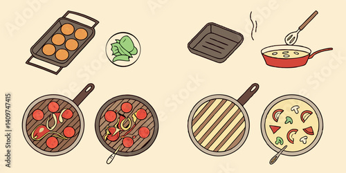 Cartoon Kitchen Cooking Pans Food: Pancakes, Pizza, Soup, Vegetables Recipes