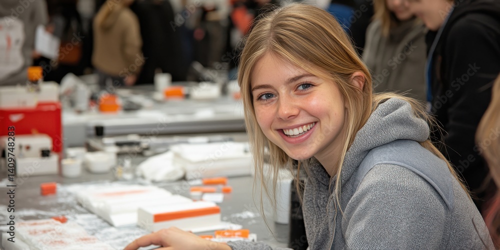 A girl is smiling and sitting at a table with other people