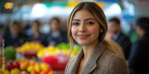 A woman is smiling in front of a fruit stand