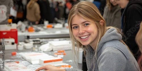 Obraz na płótnie A girl is smiling and sitting at a table with other people w salonie