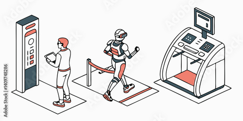 Isometric Illustration: Futuristic Tech Scene with Man Using Kiosk and Robot on Treadmill