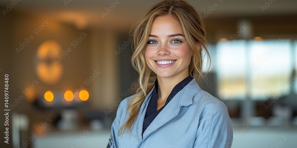 A woman is smiling and wearing a blue jacket