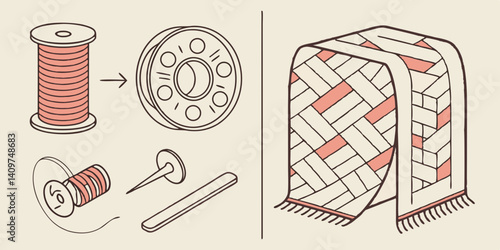 Sewing Thread Spool Bobbin Needle and Herringbone Blanket Illustration