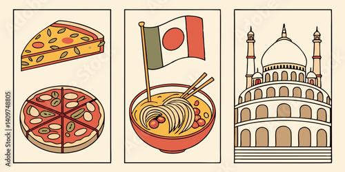 Pizza Ramen Taj Mahal Food and Landmarks Around the World Cartoon Illustration