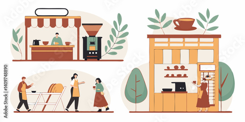 Vector Flat Coffee Shop Scenes Barista Serving Coffee at Cafe and Stand