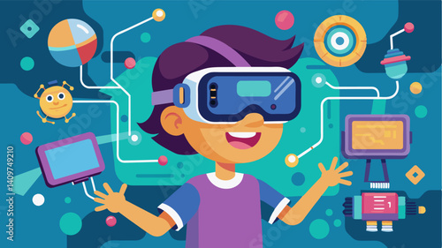 A virtual reality experience allows kids to see the inner workings of a computer processor bringing complex concepts to life in a fun and engaging way.. Vector illustration