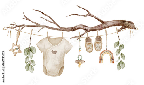 Wallpaper Mural Watercolor Baby clothes and accessories hanging on a branch. Onesie, shoes, pacifier, wooden toys and leaves. Illustration of childish garland in boho style for Baby shower or newborn greeting cards. Torontodigital.ca
