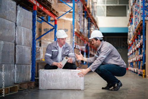 Warehouse inspectors are checking the packaging of goods on shelves in the warehouse.