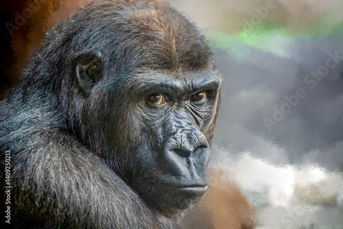 Photography Close-Up of a Gorilla’s Face with Detailed Fur Texture in an Artistic Abstract B