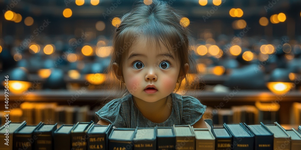 A young girl is looking at a row of books