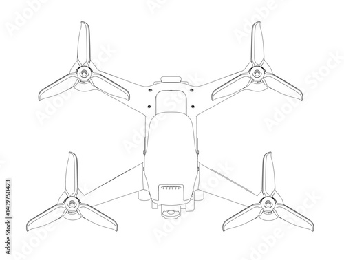 A drawing of a drone with four propellers. The drone is white and black