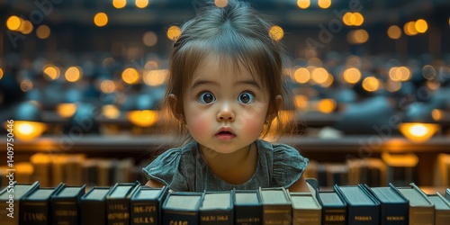 A young girl is looking at a row of books