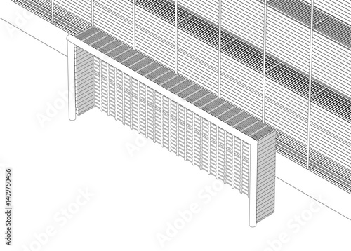 The illustration is a vector-based wireframe rendering of a football field with goalposts, enclosed by a structured fence. Design emphasizes clean lines, geometric patterns, and modular construction