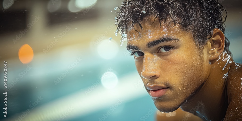 A man is in a pool and his face is wet