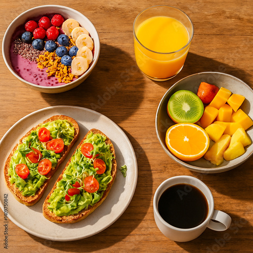 Smoothie bowls, avocado toast, tropical fruits, orange juice, and coffee on a rustic wooden table, with natural morning light and organic minimalistic styling — cozy and fresh atmosphere. 