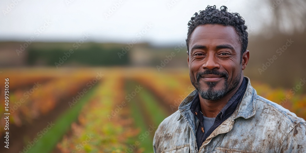 A man with a beard and a smile is standing in a field of crops