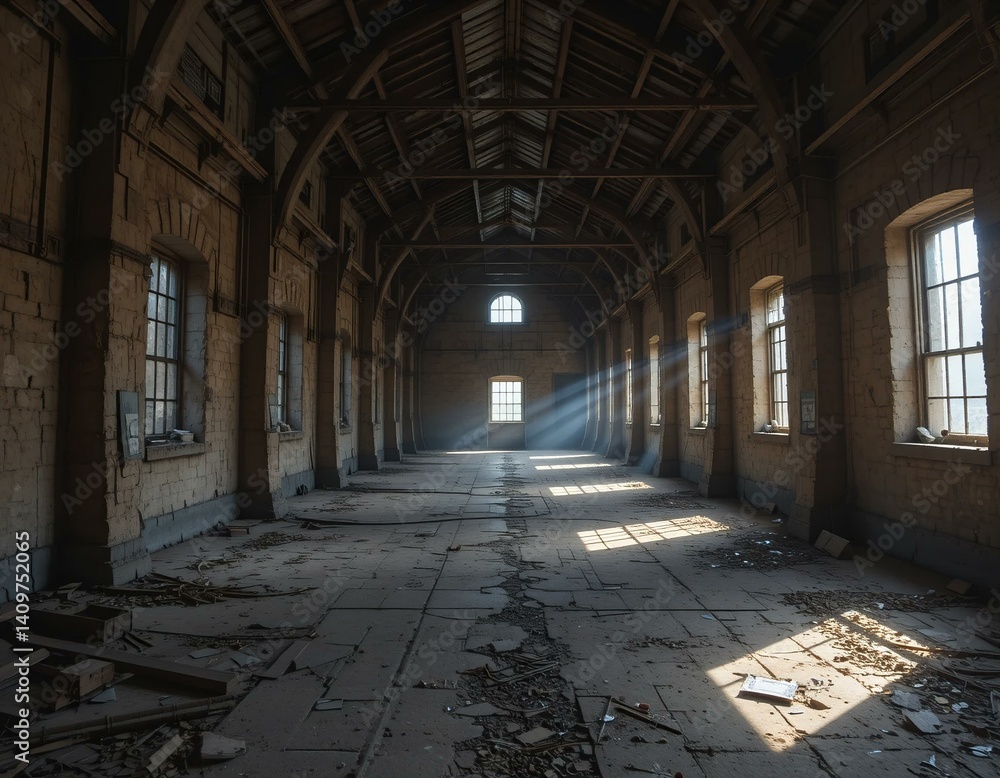 Fototapeta premium Old warehouse with light streaming through cracks.