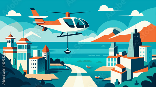 The air taxi network in this coastal city is not just a mode of transport but also a thrilling aerial experience that gives passengers a unique perspective on the citys stunning. Vector illustration