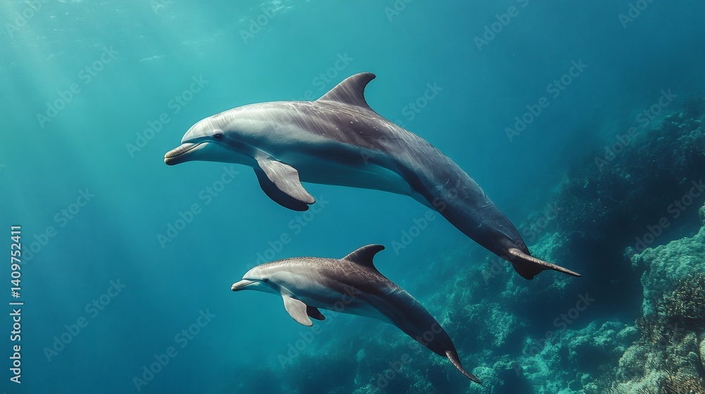 Fototapeta premium Dolphins swimming ocean coral reef sunlight marine life underwater nature