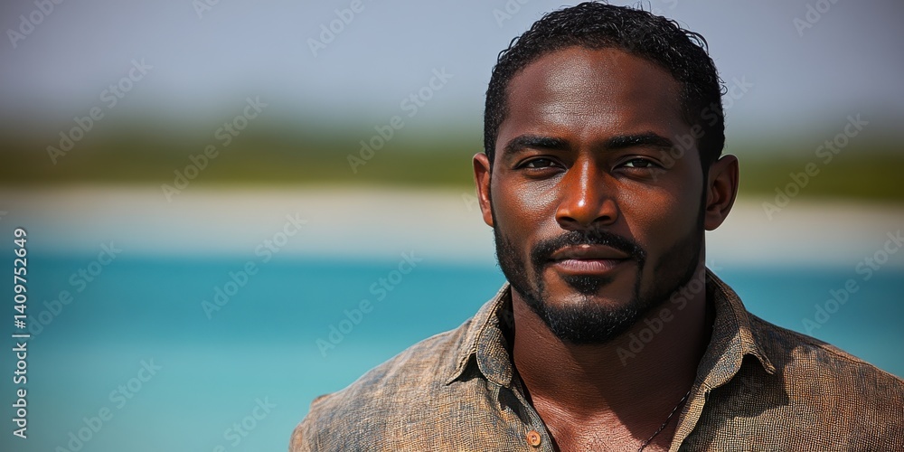 A man with a beard and dreadlocks is posing for a picture by a body of water