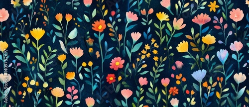 A painting of a field of flowers with a blue background