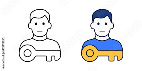 User with access key icon. Symbol for login credentials, account access, or permission management. Includes outline and color versions for tech and security UI.
